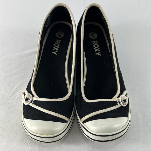 Roxy Women’s Black White Canvas Sneaker Rubber Toe Wedge Heels size 10 - Picture 3 of 10